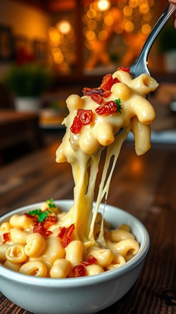 A bowl of creamy bacon mac and cheese topped with crispy bacon and parsley.